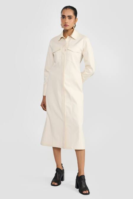 Perona Off White Tencel, Cotton Collared Midi Dress Online at Aza Fashions Perona_Off White Tencel, Cotton Collared Midi Dress _Online_at_Aza_Fashions