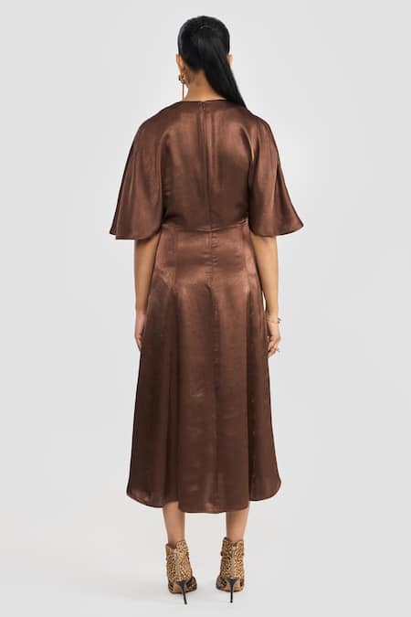 Perona Brown Midi Dress with Cape Sleeves 