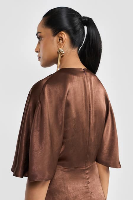 Buy_Perona_Brown Polyester Round Neck Midi Dress With Cape Sleeves _Online_at_Aza_Fashions