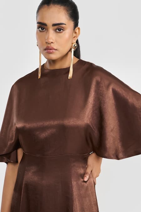Shop_Perona_Brown Polyester Round Neck Midi Dress With Cape Sleeves _Online_at_Aza_Fashions