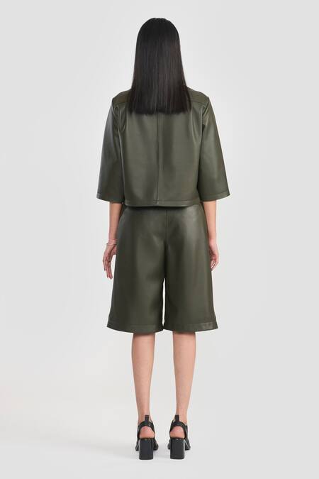 Shop Perona Green Leather Collared Lamb Shirt at Aza Fashions Shop_Perona_Green Leather Collared Lamb Shirt_at_Aza_Fashions