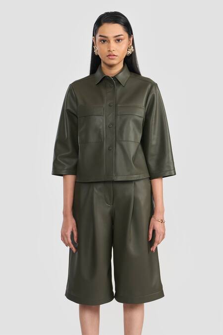 Perona Green Leather Collared Lamb Shirt Online at Aza Fashions Perona_Green Leather Collared Lamb Shirt_Online_at_Aza_Fashions