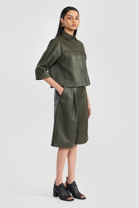 Buy Perona Green Leather Collared Lamb Shirt Online at Aza Fashions Buy_Perona_Green Leather Collared Lamb Shirt_Online_at_Aza_Fashions