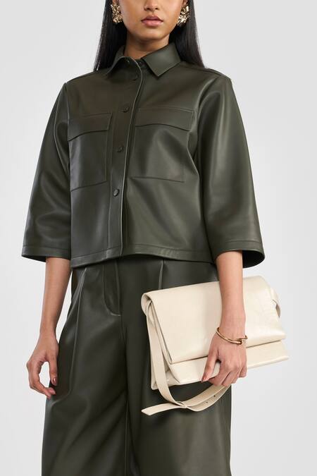 Shop Perona Green Leather Collared Lamb Shirt Online at Aza Fashions Shop_Perona_Green Leather Collared Lamb Shirt_Online_at_Aza_Fashions