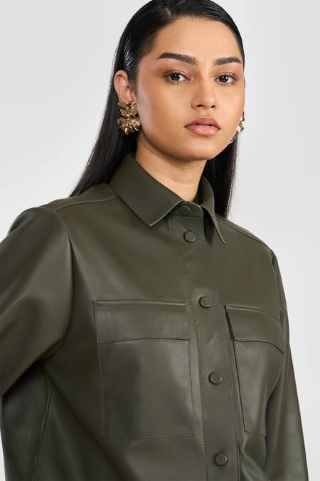Perona Green Leather Collared Lamb Shirt at Aza Fashions Perona_Green Leather Collared Lamb Shirt_at_Aza_Fashions