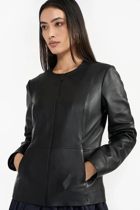 Perona_Black Leather Open Neck Lamb Zola Jacket _Online_at_Aza_Fashions