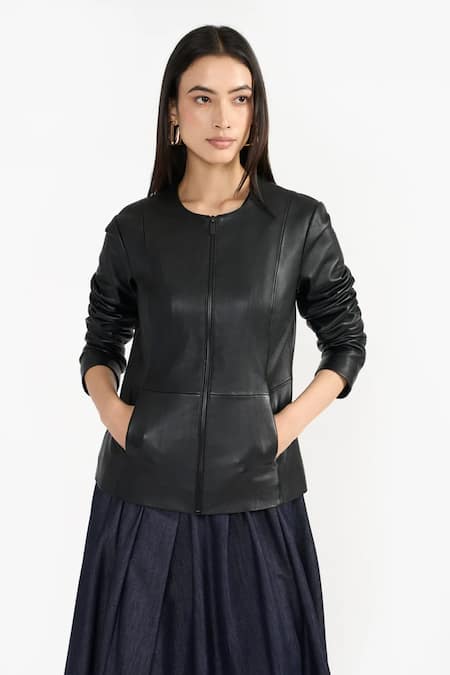 Buy_Perona_Black Leather Open Neck Lamb Zola Jacket _Online_at_Aza_Fashions