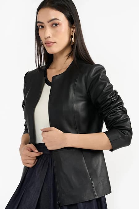 Shop_Perona_Black Leather Open Neck Lamb Zola Jacket _Online_at_Aza_Fashions