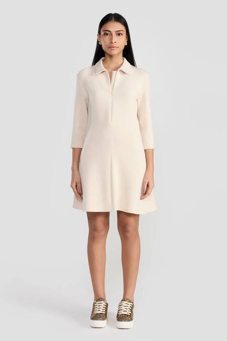 Perona Ivory Rayon, Nylon, Spandex Collared Scuba Short Dress Online at Aza Fashions Perona_Ivory Rayon, Nylon, Spandex Collared Scuba Short Dress _Online_at_Aza_Fashions
