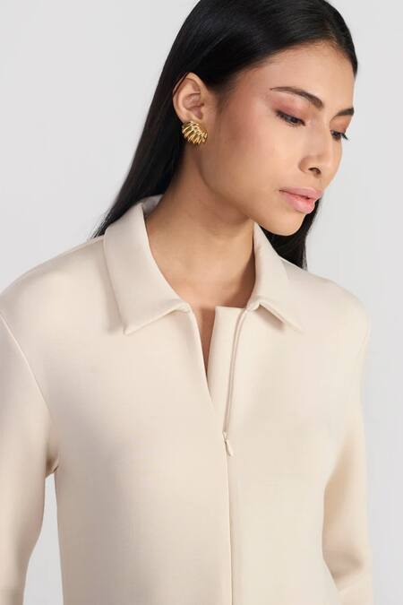 Shop Perona Ivory Rayon, Nylon, Spandex Collared Scuba Short Dress Online at Aza Fashions Shop_Perona_Ivory Rayon, Nylon, Spandex Collared Scuba Short Dress _Online_at_Aza_Fashions