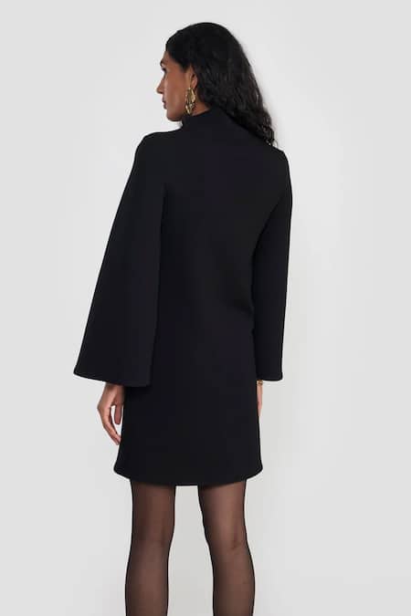 Shop Perona Black Rayon, Nylon, Spandex High Neck Bell Sleeve Dress at Aza Fashions Shop_Perona_Black Rayon, Nylon, Spandex High Neck Bell Sleeve Dress _at_Aza_Fashions