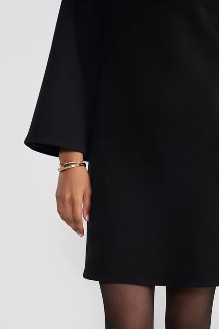 Perona Black Rayon, Nylon, Spandex High Neck Bell Sleeve Dress Online at Aza Fashions Perona_Black Rayon, Nylon, Spandex High Neck Bell Sleeve Dress _Online_at_Aza_Fashions