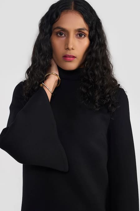 Shop Perona Black Rayon, Nylon, Spandex High Neck Bell Sleeve Dress Online at Aza Fashions Shop_Perona_Black Rayon, Nylon, Spandex High Neck Bell Sleeve Dress _Online_at_Aza_Fashions
