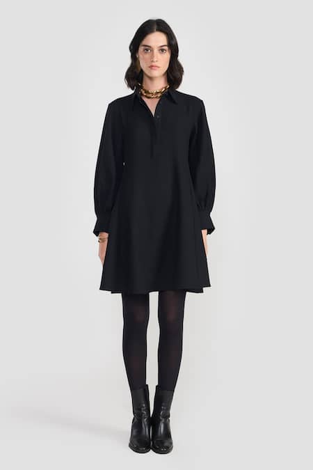 Shop Perona Black Viscose, Polyester, Cotton, Twill Collared Emo Short Dress at Aza Fashions Shop_Perona_Black Viscose, Polyester, Cotton, Twill Collared Emo Short Dress _at_Aza_Fashions