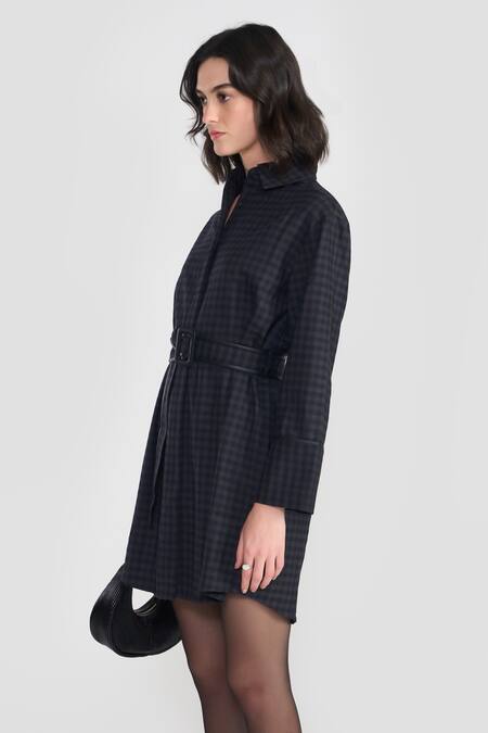 Perona Gray Polyester, Wool Collared Grey Black Check Dress With Belt Online at Aza Fashions Perona_Gray Polyester, Wool Collared Grey Black Check Dress With Belt _Online_at_Aza_Fashions