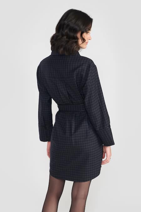 Shop Perona Gray Polyester, Wool Collared Grey Black Check Dress With Belt at Aza Fashions Shop_Perona_Gray Polyester, Wool Collared Grey Black Check Dress With Belt _at_Aza_Fashions