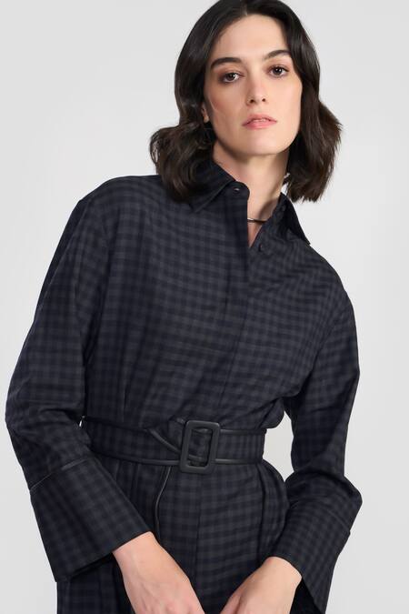 Buy Perona Gray Polyester, Wool Collared Grey Black Check Dress With Belt Online at Aza Fashions Buy_Perona_Gray Polyester, Wool Collared Grey Black Check Dress With Belt _Online_at_Aza_Fashions