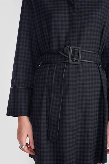 Shop Perona Gray Polyester, Wool Collared Grey Black Check Dress With Belt Online at Aza Fashions Shop_Perona_Gray Polyester, Wool Collared Grey Black Check Dress With Belt _Online_at_Aza_Fashions