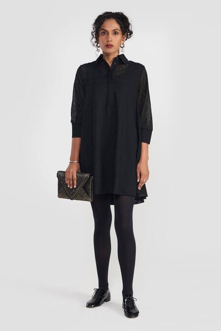 Perona Black Polyester Collared Textured Designer Dress Online at Aza Fashions Perona_Black Polyester Collared Textured Designer Dress _Online_at_Aza_Fashions