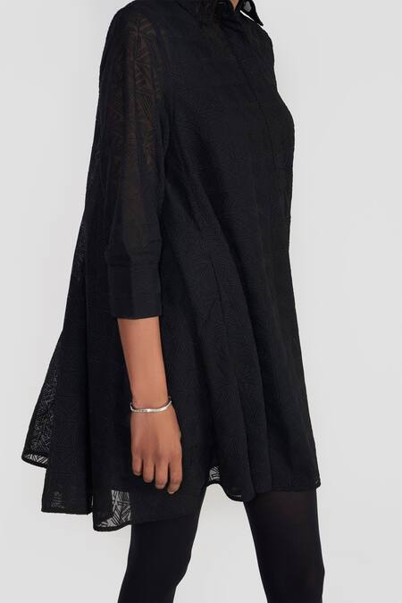 Shop Perona Black Polyester Collared Textured Designer Dress Online at Aza Fashions Shop_Perona_Black Polyester Collared Textured Designer Dress _Online_at_Aza_Fashions