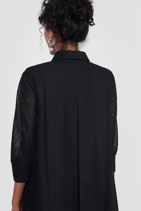 Shop Perona Black Polyester Collared Textured Designer Dress at Aza Fashions Shop_Perona_Black Polyester Collared Textured Designer Dress _at_Aza_Fashions