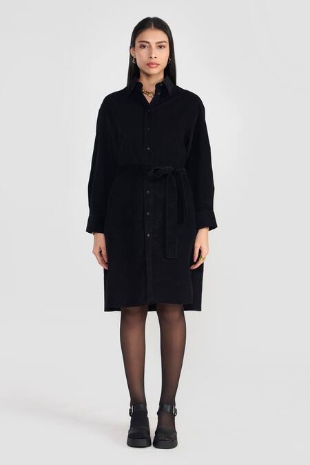 Perona Black Cotton Collared Midi Dress Online at Aza Fashions Perona_Black Cotton Collared Midi Dress _Online_at_Aza_Fashions