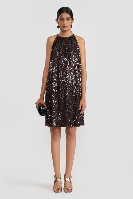 Perona Brown Polyester Sequins Halter Neck Dress Online at Aza Fashions Perona_Brown Polyester Sequins Halter Neck Dress _Online_at_Aza_Fashions