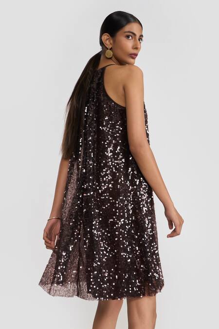 Shop Perona Brown Polyester Sequins Halter Neck Dress at Aza Fashions Shop_Perona_Brown Polyester Sequins Halter Neck Dress _at_Aza_Fashions