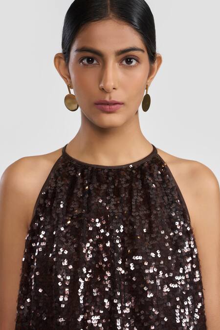 Shop Perona Brown Polyester Sequins Halter Neck Dress Online at Aza Fashions Shop_Perona_Brown Polyester Sequins Halter Neck Dress _Online_at_Aza_Fashions