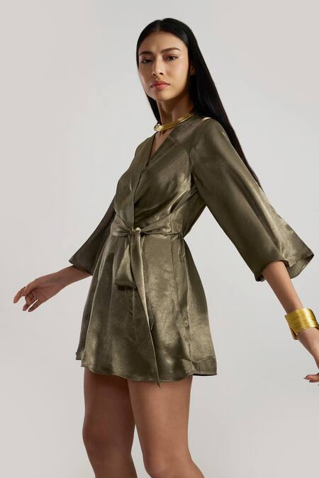 Perona Green Polyester V-neck Satin Wrap Dress Online at Aza Fashions Perona_Green Polyester V-neck Satin Wrap Dress _Online_at_Aza_Fashions