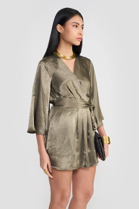 Buy Perona Green Polyester V-neck Satin Wrap Dress Online at Aza Fashions Buy_Perona_Green Polyester V-neck Satin Wrap Dress _Online_at_Aza_Fashions