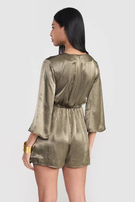 Shop Perona Green Polyester V-neck Satin Wrap Dress at Aza Fashions Shop_Perona_Green Polyester V-neck Satin Wrap Dress _at_Aza_Fashions