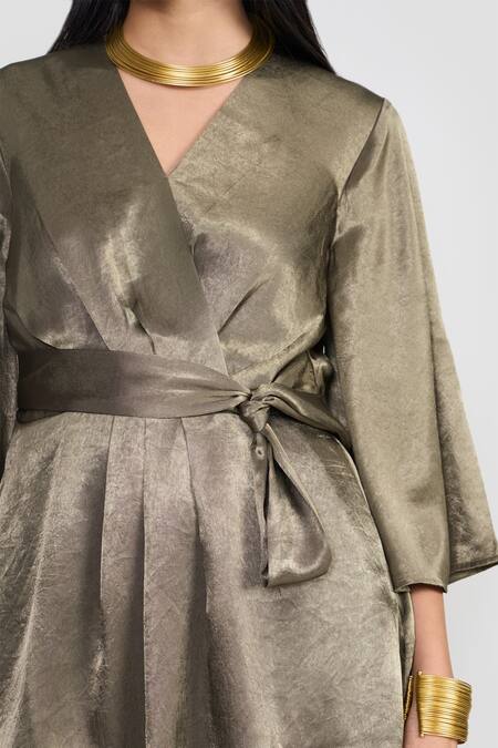 Perona Green Polyester V-neck Satin Wrap Dress at Aza Fashions Perona_Green Polyester V-neck Satin Wrap Dress _at_Aza_Fashions