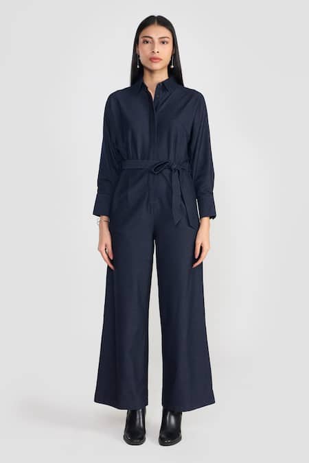 Perona_Navy Cotton, Polyester Collared Blue Designer Jumpsuit With Belt _Online_at_Aza_Fashions