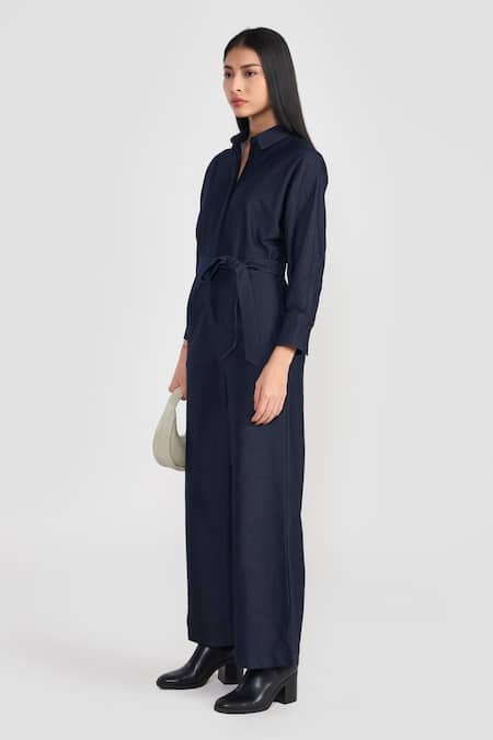Buy_Perona_Navy Cotton, Polyester Collared Blue Designer Jumpsuit With Belt _Online_at_Aza_Fashions