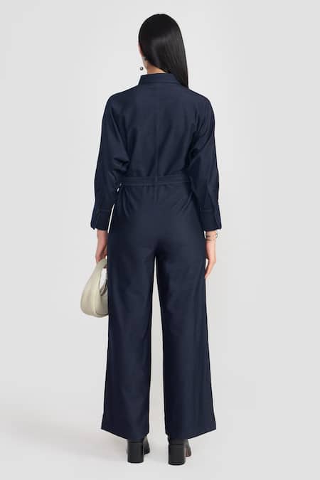 Shop_Perona_Navy Cotton, Polyester Collared Blue Designer Jumpsuit With Belt _at_Aza_Fashions
