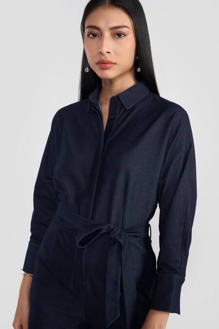 Shop_Perona_Navy Cotton, Polyester Collared Blue Designer Jumpsuit With Belt _Online_at_Aza_Fashions