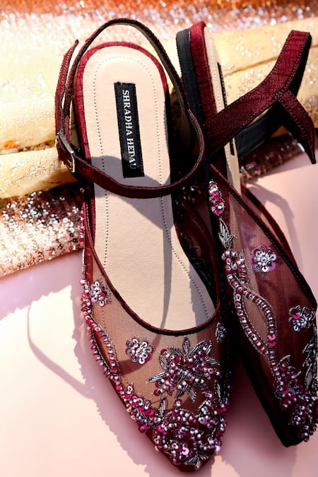 Buy_Shradha Hedau Footwear Couture_Burgundy Embroidered Organza Kiara Flats _Online_at_Aza_Fashions