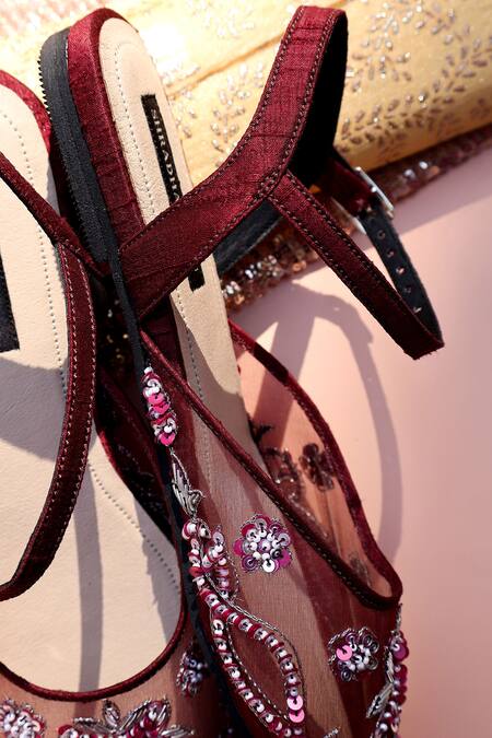 Shop_Shradha Hedau Footwear Couture_Burgundy Embroidered Organza Kiara Flats _Online_at_Aza_Fashions