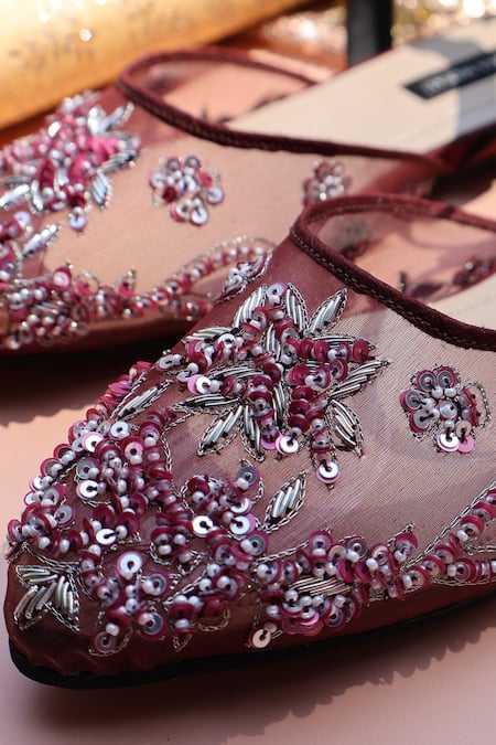 Shradha Hedau Footwear Couture_Burgundy Embroidered Organza Kiara Flats _at_Aza_Fashions