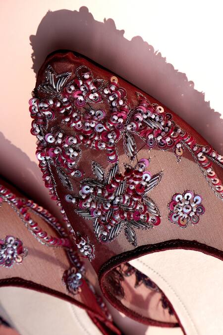Buy_Shradha Hedau Footwear Couture_Burgundy Embroidered Organza Kiara Flats 