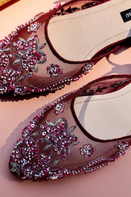Shop_Shradha Hedau Footwear Couture_Burgundy Embroidered Organza Kiara Flats 