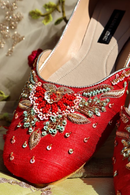 Shop_Shradha Hedau Footwear Couture_Red Embroidered Raw Silk Flats _Online_at_Aza_Fashions