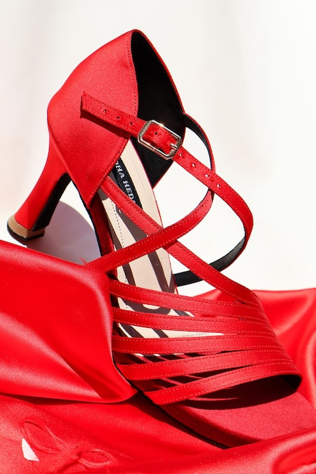 Buy_Shradha Hedau Footwear Couture_Red Strappy Satin Heels _Online_at_Aza_Fashions
