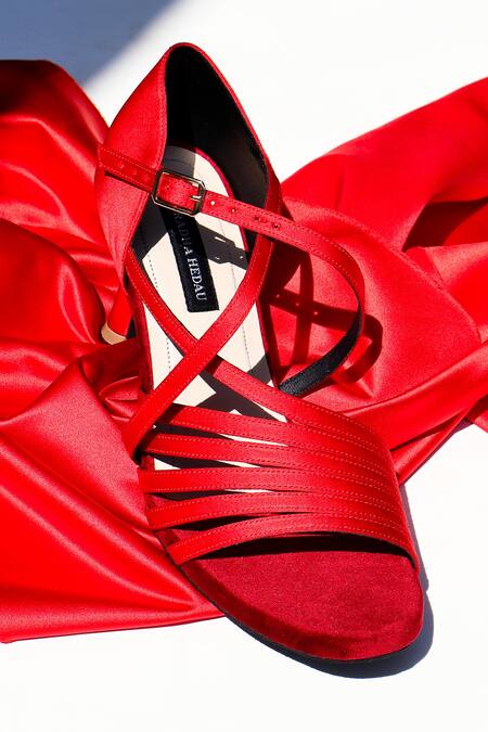 Shop_Shradha Hedau Footwear Couture_Red Strappy Satin Heels _Online_at_Aza_Fashions