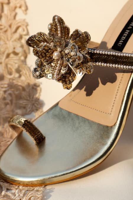Shradha Hedau Footwear Couture Gold Sequins, Beads, Fabric Flowers Designer Floral Embellished Heels Online at Aza Fashions Shradha Hedau Footwear Couture_Gold Sequins, Beads, Fabric Flowers Designer Floral Embellished Heels _Online_at_Aza_Fashions
