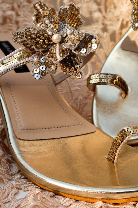 Shop Shradha Hedau Footwear Couture Gold Sequins, Beads, Fabric Flowers Designer Floral Embellished Heels at Aza Fashions Shop_Shradha Hedau Footwear Couture_Gold Sequins, Beads, Fabric Flowers Designer Floral Embellished Heels _at_Aza_Fashions