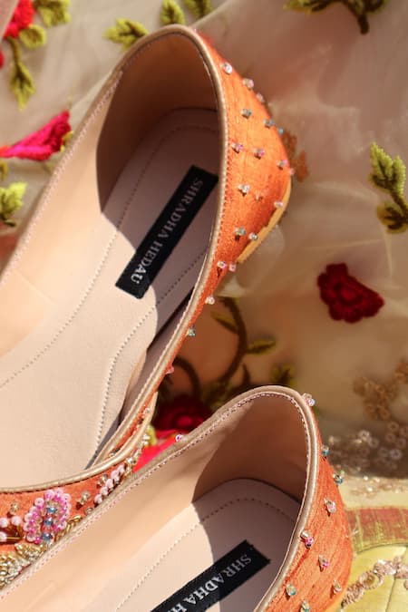 Shradha Hedau Footwear Couture_Orange Embroidered Juttis _Online_at_Aza_Fashions