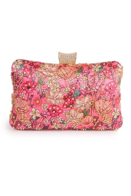 Nazaakat By Samara Singh_Pink Embroidery, Beads Floral Clutch With Sling _at_Aza_Fashions