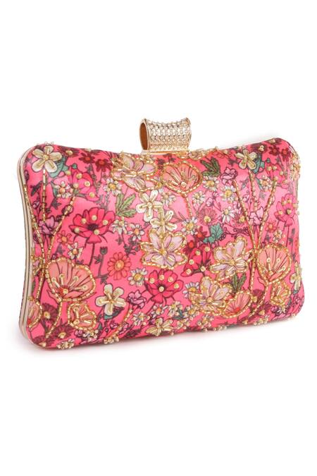 Buy_Nazaakat By Samara Singh_Pink Embroidery, Beads Floral Clutch With Sling 